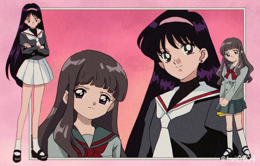 1990s_(style) 2girls ankle_socks artist_name bishoujo_senshi_sailor_moon black_hair black_shirt border bow bowtie cardcaptor_sakura cosplay costume_switch crossed_arms crossover daidouji_tomoyo daidouji_tomoyo_(cosplay) earrings full_body grey_jacket grey_skirt hairband hino_rei hino_rei_(cosplay) jacket jewelry long_hair looking_at_viewer multiple_girls multiple_views necktie own_hands_together pink_background pink_hairband pleated_skirt red_bow red_bowtie retro_artstyle sailor_collar school_uniform shirt skirt smile socks standing ta_girls_school_uniform tam_(tam0804) tomoeda_elementary_school_uniform upper_body white_necktie white_sailor_collar white_skirt white_socks