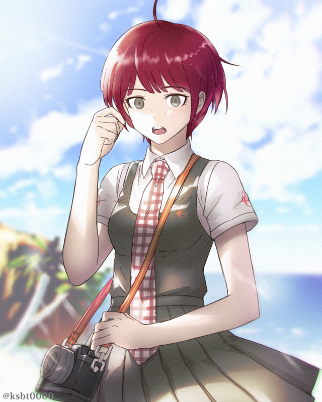 1girl :o ahoge bad_id bad_twitter_id beach blue_sky blurry blurry_background breasts brown_eyes camera clouds cloudy_sky collared_shirt cowboy_shot danganronpa_(series) danganronpa_2:_goodbye_despair day dress dress_shirt dslr eyelashes freckles gingham_necktie green_dress hajime_(gitoriokawaii) hand_to_head holding holding_camera horizon koizumi_mahiru light_rays looking_at_viewer messy_hair necktie ocean open_mouth outdoors palm_tree pinafore_dress playing_with_own_hair pleated_dress red_necktie redhead ringed_eyes school_uniform shirt short_hair simple_background sky sleeveless sleeveless_dress small_breasts solo strap sunbeam sunlight tree very_short_hair white_necktie white_shirt wind wind_lift
