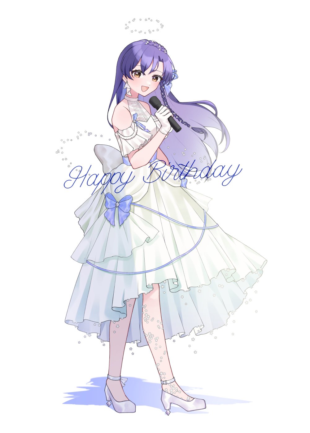 1girl alternate_costume alternate_hairstyle bare_shoulders birthday blue_bow blue_hair blue_ribbon bow braid breasts brown_eyes commentary_request dangle_earrings detached_sleeves dot_nose dress dress_bow earrings english_text flower frilled_dress frilled_gloves frills gloves hair_bow hair_ornament halo halterneck hand_up happy_birthday high_heels highres holding holding_microphone idolmaster idolmaster_(classic) jewelry kisaragi_chihaya ktmtry light_blush long_hair looking_at_viewer looking_to_the_side medium_bangs microphone ribbon shadow simple_background single_braid sleeveless sleeveless_dress small_breasts smile solo standing straight_hair white_background white_dress white_flower white_footwear white_gloves