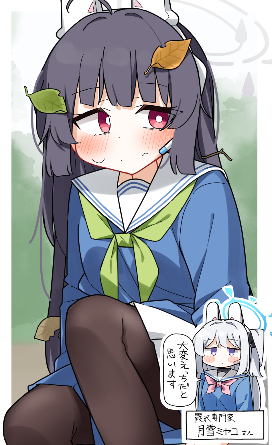 2girls ahoge black_hair blue_archive blue_serafuku blue_shirt blue_skirt blurry blurry_background blush blush_stickers breasts brown_pantyhose closed_mouth commentary_request dash_b depth_of_field feet_out_of_frame green_neckerchief grey_hair hair_intakes halo headgear headset highres leaf leaf_on_head long_hair long_sleeves miyako_(blue_archive) miyu_(blue_archive) multiple_girls neckerchief one_side_up pantyhose pink_neckerchief pleated_skirt puffy_long_sleeves puffy_sleeves red_eyes sailor_collar school_uniform serafuku shirt skirt small_breasts solo_focus sweat translation_request very_long_hair violet_eyes wavy_mouth white_sailor_collar