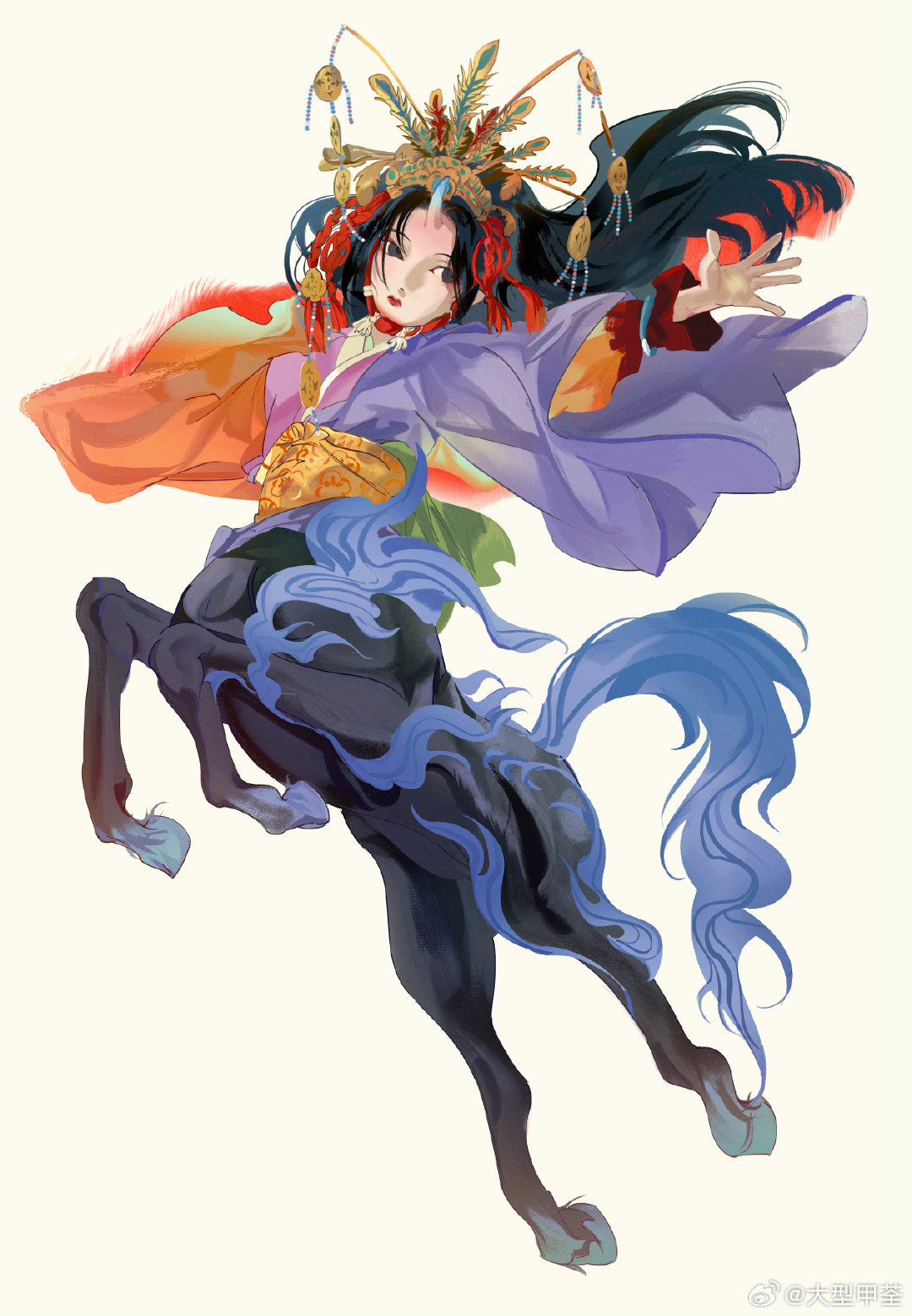 1girl black_eyes black_hair blue_tail cape centaur chinese_commentary closed_mouth colored_inner_hair daxing_jia_quan feathers green_sash hat hat_feather highres hooves horns japanese_clothes kimono long_hair long_sleeves looking_at_viewer multicolored_hair open_hand orange_cape original outstretched_arm parted_bangs pink_kimono purple_cape red_lips redhead sash simple_background single_horn solo tail tassel taur two-tone_cape two-tone_hair weibo_logo weibo_username yellow_background