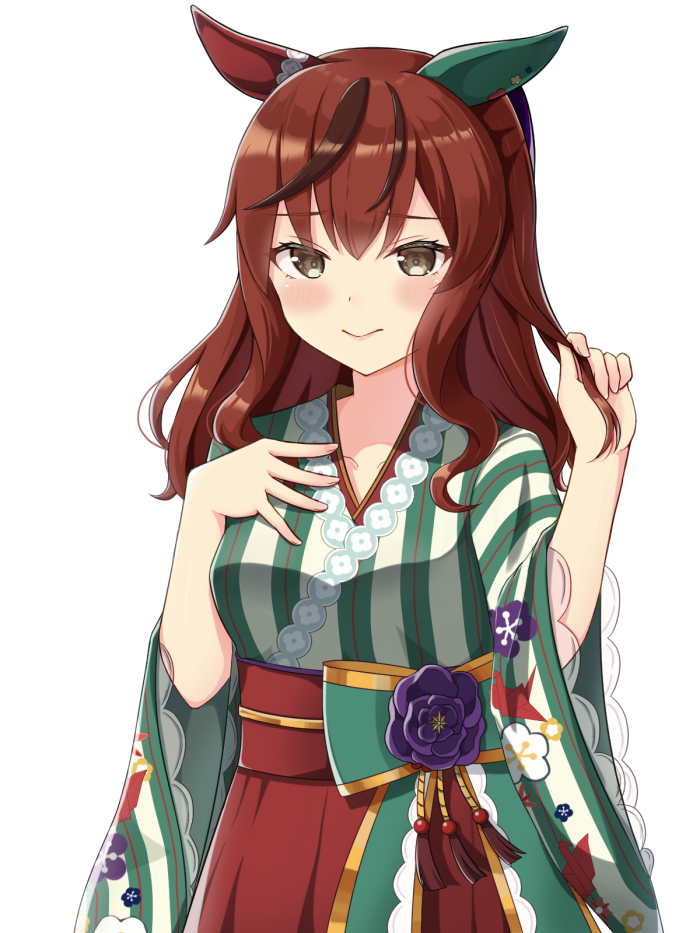 1girl animal_ears blush bow brown_eyes brown_hair closed_mouth commentary_request cowboy_shot ear_covers embarrassed green_kimono hair_twirling hakama hakama_skirt horse_ears japanese_clothes kec_(kc0611) kimono long_hair looking_at_viewer mismatched_ear_covers multicolored_hair nice_nature_(converging_wishes)_(umamusume) nice_nature_(umamusume) official_alternate_costume official_alternate_hair_length official_alternate_hairstyle red_hakama simple_background skirt solo streaked_hair striped_clothes striped_kimono umamusume vertical-striped_clothes vertical-striped_kimono waist_bow white_background
