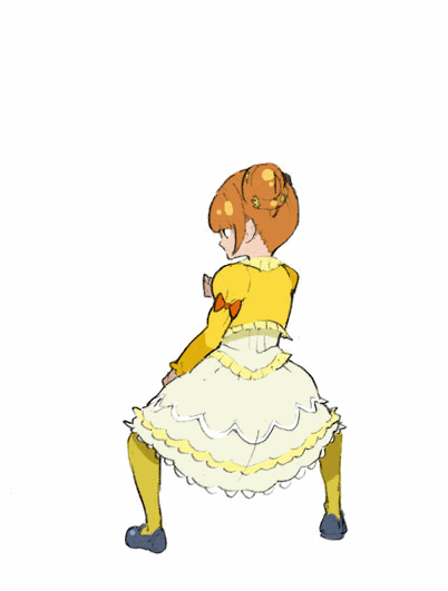 1girl animated animated_gif archived_source black_footwear blunt_bangs cropped_shirt dokidoki!_precure double_bun dress enouchi_ai from_side full_body hair_bun jewelry juliet_sleeves kicking long_sleeves looking_ahead necklace orange_hair pantyhose precure puffy_sleeves shirt shoes short_hair sidelocks simple_background solo standing white_background white_dress yellow_pantyhose yellow_shirt yotsuba_alice