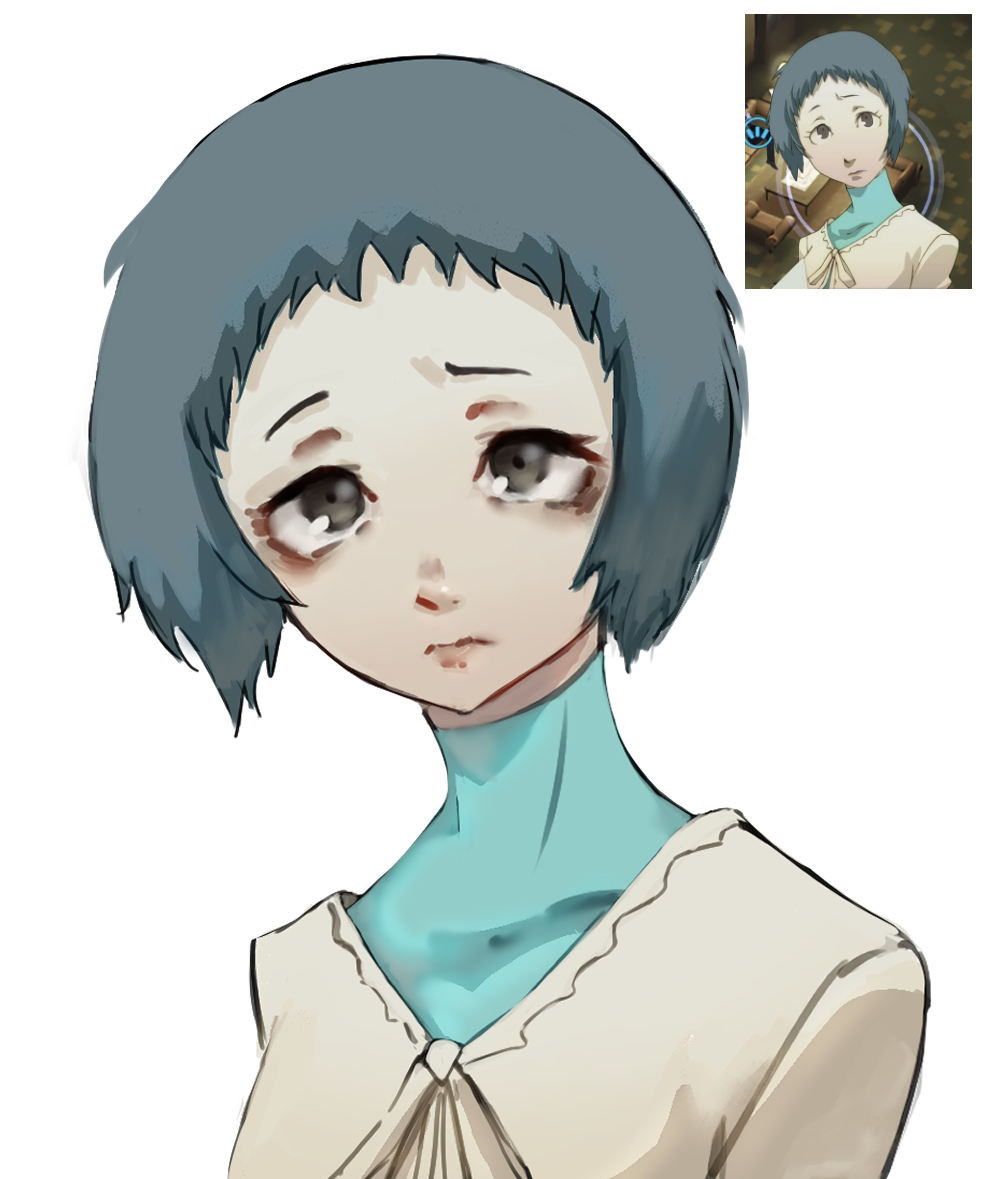 1girl blue_hair closed_mouth derivative_work english_commentary eyelashes furrowed_brow game_screenshot_inset grey_eyes n7grey persona persona_3 reference_inset short_hair simple_background upper_body white_background yamagishi_fuuka