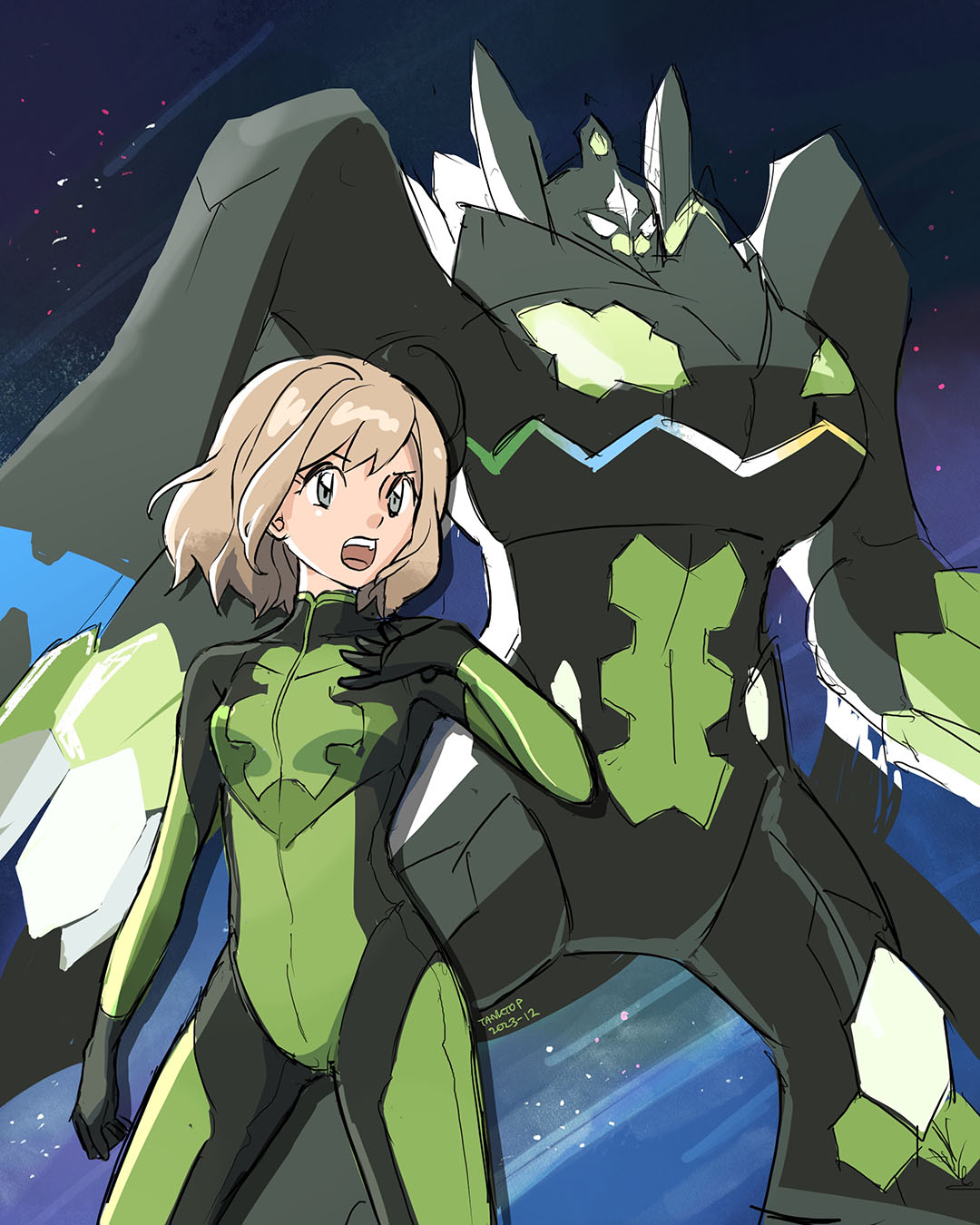 1girl adapted_costume bodysuit dated grey_eyes hand_on_own_chest highres light_brown_hair official_alternate_costume open_mouth pokemon pokemon_(creature) pokemon_masters_ex serena_(pokemon) serena_(sygna_suit)_(pokemon) short_hair signature tanktop_camo zygarde zygarde_(complete)