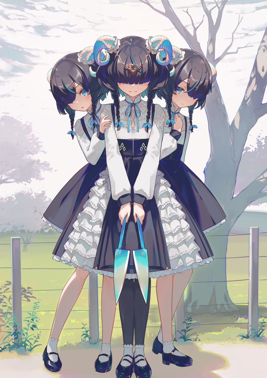 3girls bare_tree behind_another black_dress black_footwear black_hair blue_hair blue_ribbon braid closed_mouth clouds colored_inner_hair dress english_text facing_viewer fence frilled_dress frills full_body grass hair_over_one_eye hair_ribbon highres holding holding_scissors horns lace-trimmed_dress lace_trim long_sleeves looking_at_viewer mary_janes medium_hair multicolored_hair multiple_girls neck_ribbon original outdoors parted_lips ribbon scissors shadow sheep sheep_girl sheep_horns shoes sidelocks sky smile socks standing streaked_hair tree twin_braids two-tone_dress two-tone_hair wakuseiy white_dress white_socks
