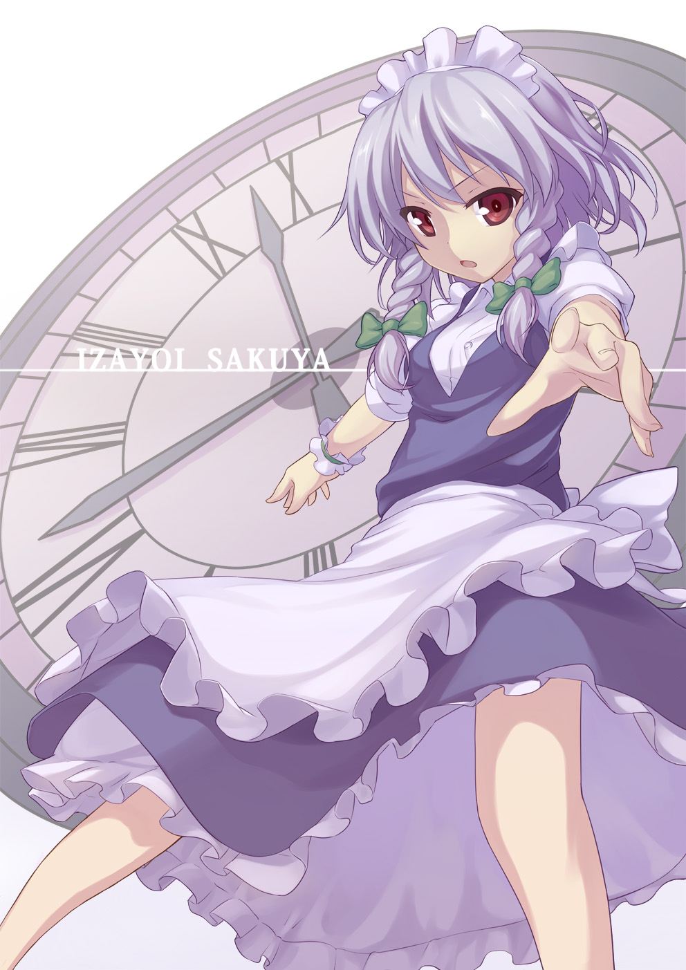 1girl apron blue_dress bow braid breasts character_name clock clock_hands commentary_request dress english_text feet_out_of_frame frilled_apron frilled_dress frilled_wrist_cuffs frills from_below green_bow hair_bow highres izayoi_sakuya long_hair looking_at_viewer maid maid_apron maid_headdress medium_breasts open_mouth outstretched_arm partial_commentary red_eyes shinonome_haru shirt short_sleeves solo touhou twin_braids waist_apron white_background white_hair white_shirt wrist_cuffs