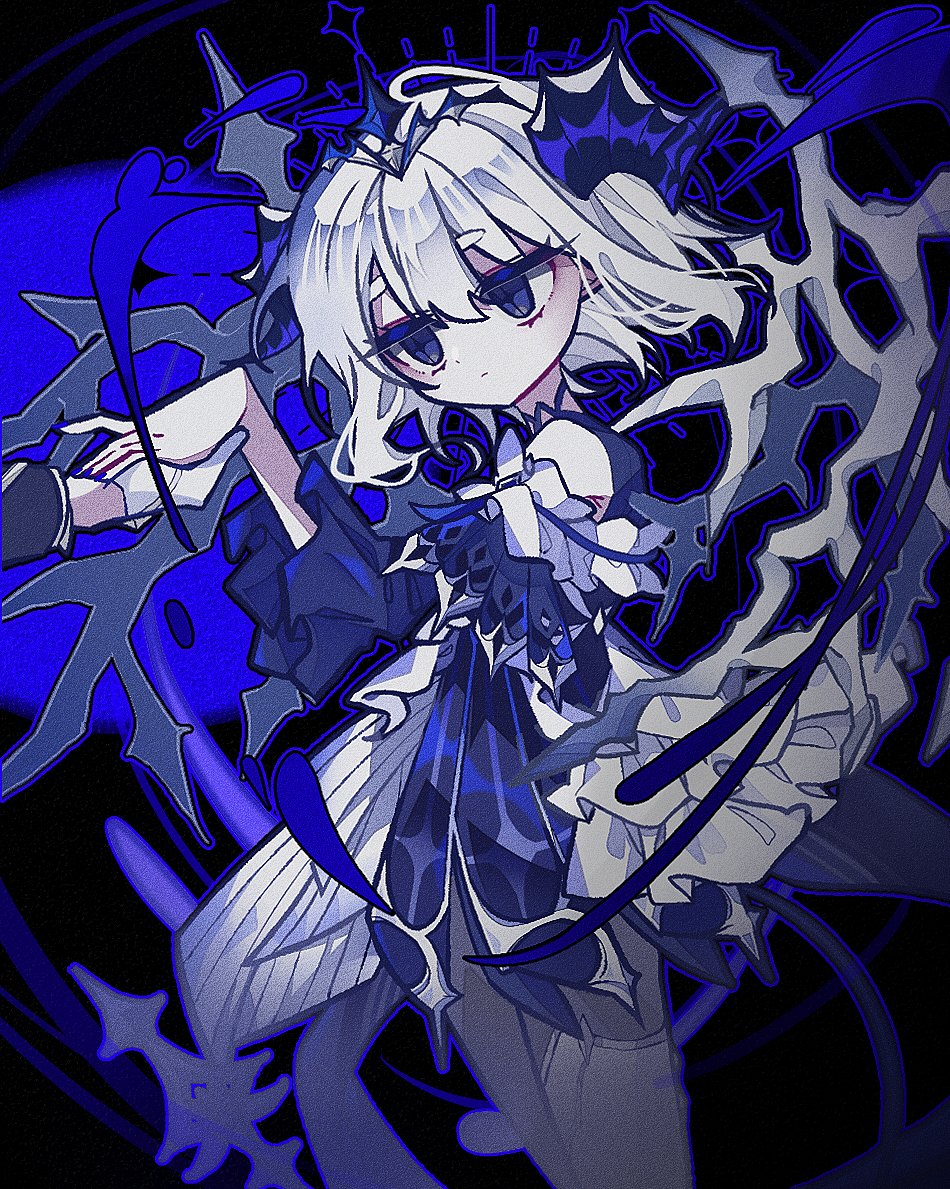 1girl blue_dress blue_eyes blue_theme character_request closed_mouth cowboy_shot dress elsword expressionless film_grain frilled_sleeves frills hair_between_eyes jitome medium_hair out_of_frame p_(xop_7i) short_dress sparkling_eyes white_hair
