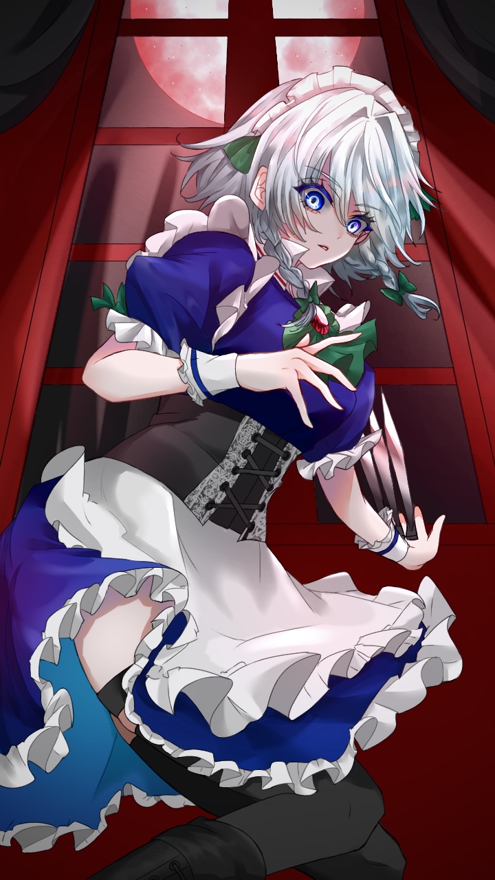 1girl 2dio9gwjal28761 apron ascot black_corset black_footwear black_thighhighs blue_dress blue_eyes boots bow braid breasts commentary_request corset dress feet_out_of_frame frilled_dress frilled_sleeves frills full_moon green_ascot green_bow grey_hair hair_between_eyes hair_bow highres holding holding_knife indoors izayoi_sakuya knife looking_at_viewer maid maid_headdress medium_bangs medium_breasts medium_hair moon night parted_lips puffy_short_sleeves puffy_sleeves red_brooch red_moon short_sleeves solo thigh-highs thigh_strap throwing_knife touhou twin_braids waist_apron weapon white_apron window