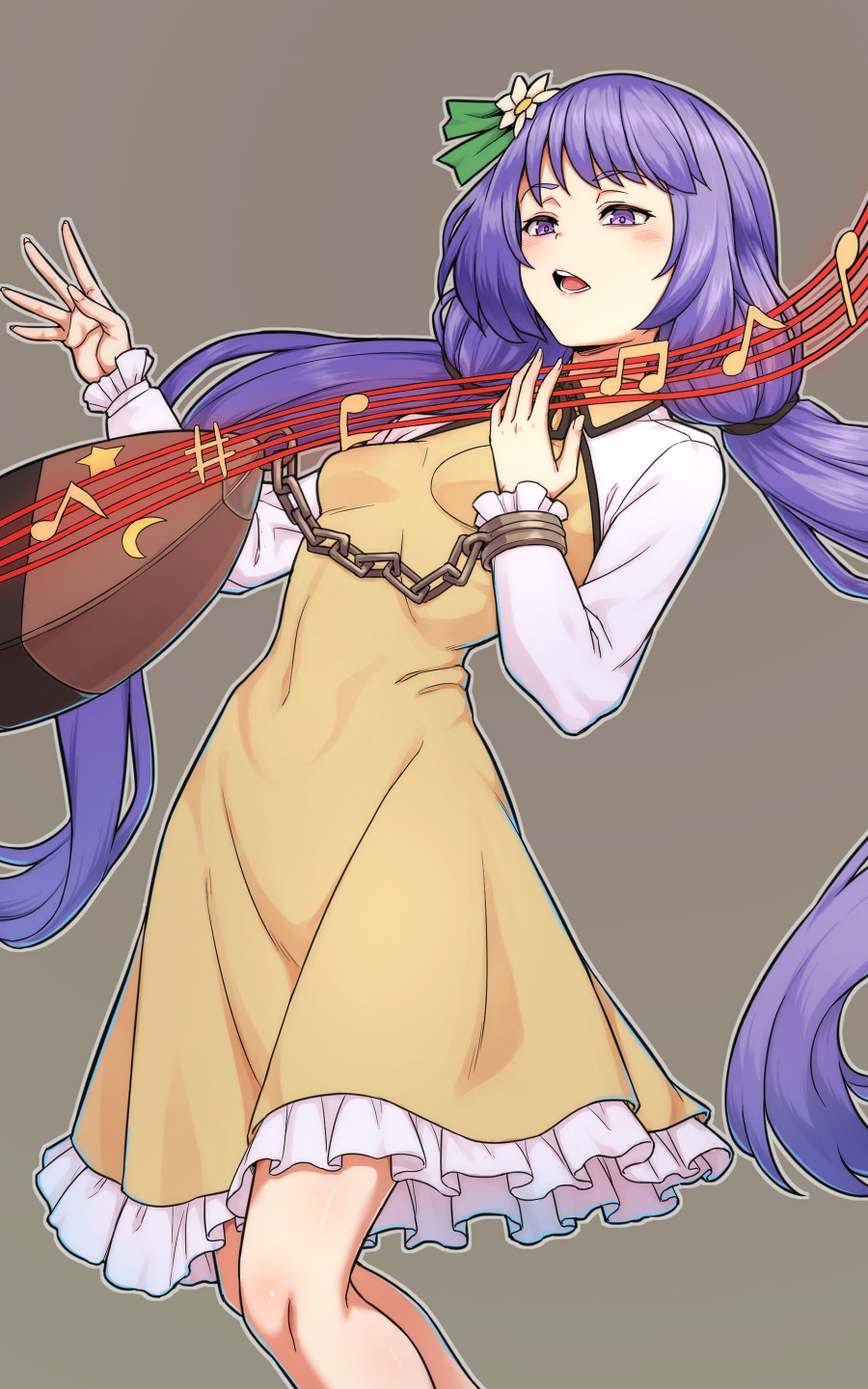 1girl beamed_eighth_notes biwa_lute blush breasts covered_navel dress eighth_note feet_out_of_frame fingernails flower frilled_dress frills grey_background hair_flower hair_ornament highres instrument kakone long_hair long_sleeves lute_(instrument) musical_note open_mouth purple_hair quarter_note sharp_sign simple_background small_breasts solo touhou tsukumo_benben violet_eyes white_flower yellow_dress