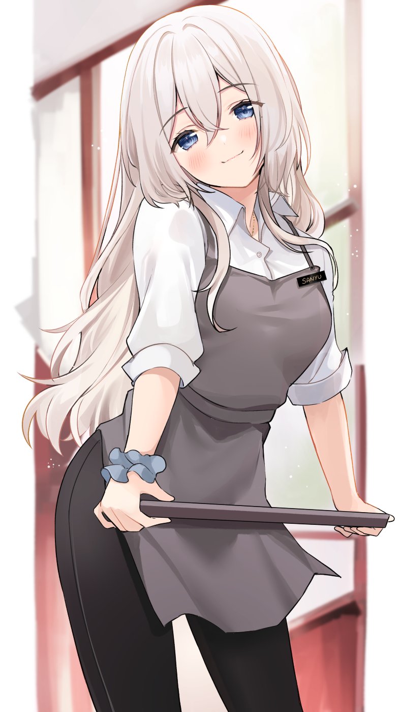 1girl apron black_pants blue_eyes blurry blurry_background blush closed_mouth collared_shirt contrapposto crossed_bangs double-parted_bangs english_commentary grey_apron grey_hair grey_scrunchie hair_between_eyes head_tilt highres holding holding_tray long_hair looking_at_viewer original pants ry_thae sanyu_(ry_thae) scrunchie shirt sleeves_rolled_up smile solo tray waitress white_shirt wrist_scrunchie