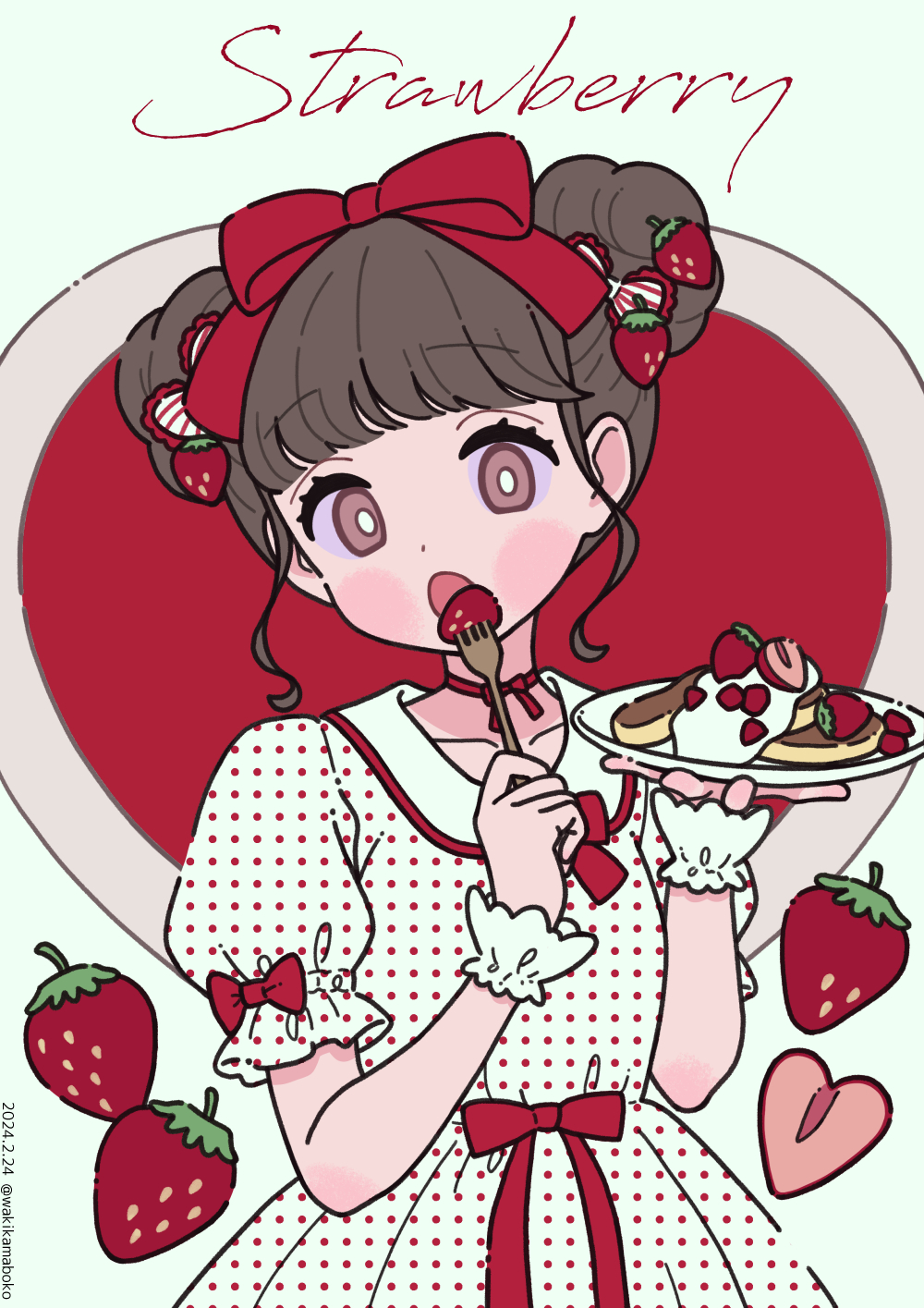 1girl blue_background blush_stickers bow brown_eyes brown_hair collared_dress commentary double_bun dress english_text food food-themed_hair_ornament fork fruit hair_bow hair_bun hair_ornament hands_up heart highres holding holding_fork holding_plate long_sleeves looking_at_viewer neki_(wakiko) open_mouth original pancake pancake_stack plate polka_dot polka_dot_dress puffy_long_sleeves puffy_sleeves red_bow sidelocks solo strawberry strawberry_hair_ornament unmoving_pattern