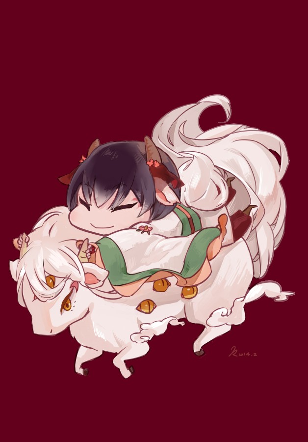 1girl black_hair brown_horns bull chibi closed_eyes closed_mouth clouds commentary_request extra_ears eyeliner hong_(hong11117) hoozuki_no_reitetsu horns japanese_clothes kimono leaning_forward long_sleeves makeup ox_ears ox_horns ox_tail peach_maki red_background riding riding_animal short_hair signature simple_background sleeves_past_wrists slit_pupils smile solo white_kimono white_sleeves wide_sleeves yellow_eyes