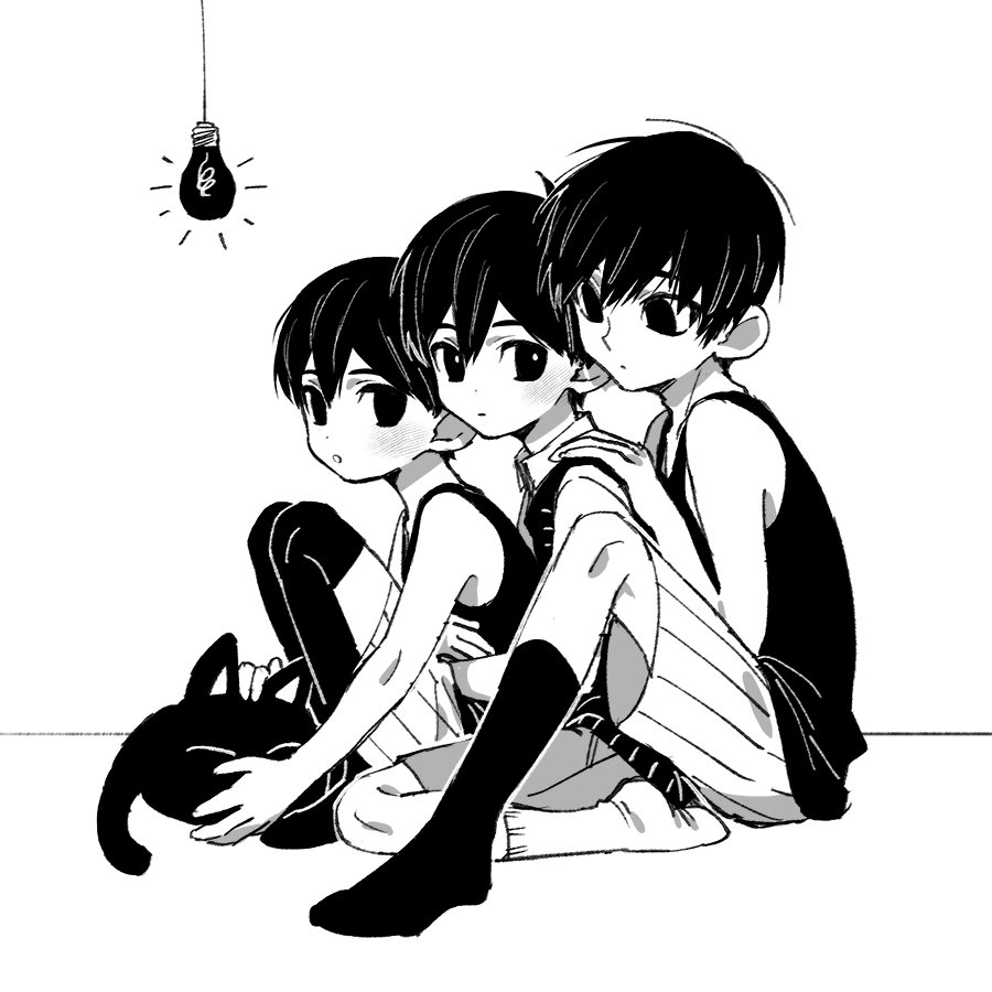 3boys between_legs cat collared_shirt commentary_request expressionless from_side front-to-back full_body greyscale hand_on_another's_shoulder kneehighs knees_up light_bulb male_focus mewo monochrome multiple_boys multiple_persona no_shoes omori omori_(omori) shirt short_hair shorts simple_background sitting socks striped_clothes striped_shorts sunny_(omori) tank_top thigh-highs toastytoast wariza white_background
