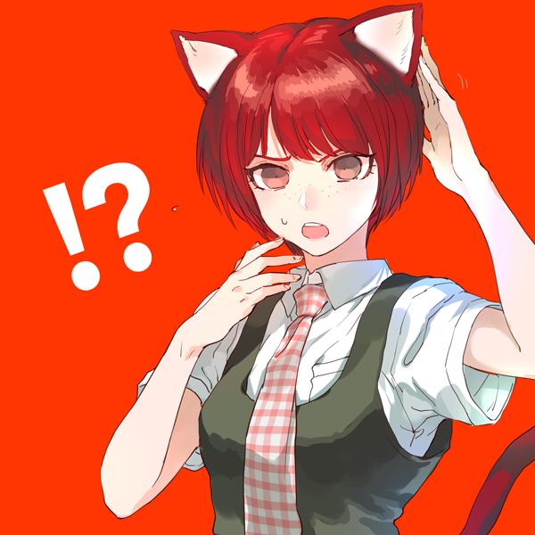 !? 1girl :o animal_ears bad_id bad_twitter_id breast_pocket breasts brown_eyes cat_ears cat_girl cat_tail close-up commentary confused danganronpa_(series) danganronpa_2:_goodbye_despair dress english_commentary eyelashes flying_sweatdrops freckles furrowed_brow gingham_necktie green_dress hand_on_own_head hand_to_head hand_up kemonomimi_mode koizumi_mahiru medium_breasts motion_lines necktie open_mouth orange_background pinafore_dress pocket portrait red_necktie redhead short_hair short_sleeves simple_background sleeveless sleeveless_dress solo surprised sweatdrop tail teeth two-tone_necktie upper_body upper_teeth_only white_necktie zakki