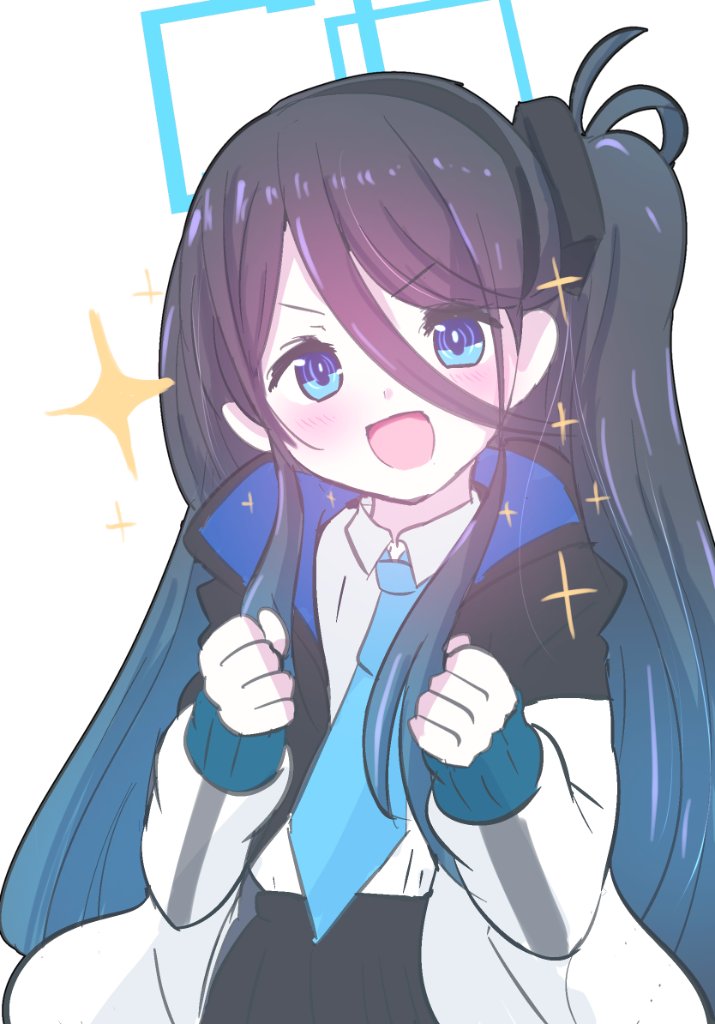 1girl absurdly_long_hair aris_(blue_archive) black_hair black_skirt blue_archive blue_eyes blue_halo blue_necktie blush collared_shirt giorgio_(yo_sumire_sola1) halo jacket long_hair long_sleeves looking_at_viewer necktie one_side_up open_clothes open_jacket open_mouth pleated_skirt ringed_eyes shirt simple_background skirt smile solo very_long_hair white_background white_jacket white_shirt