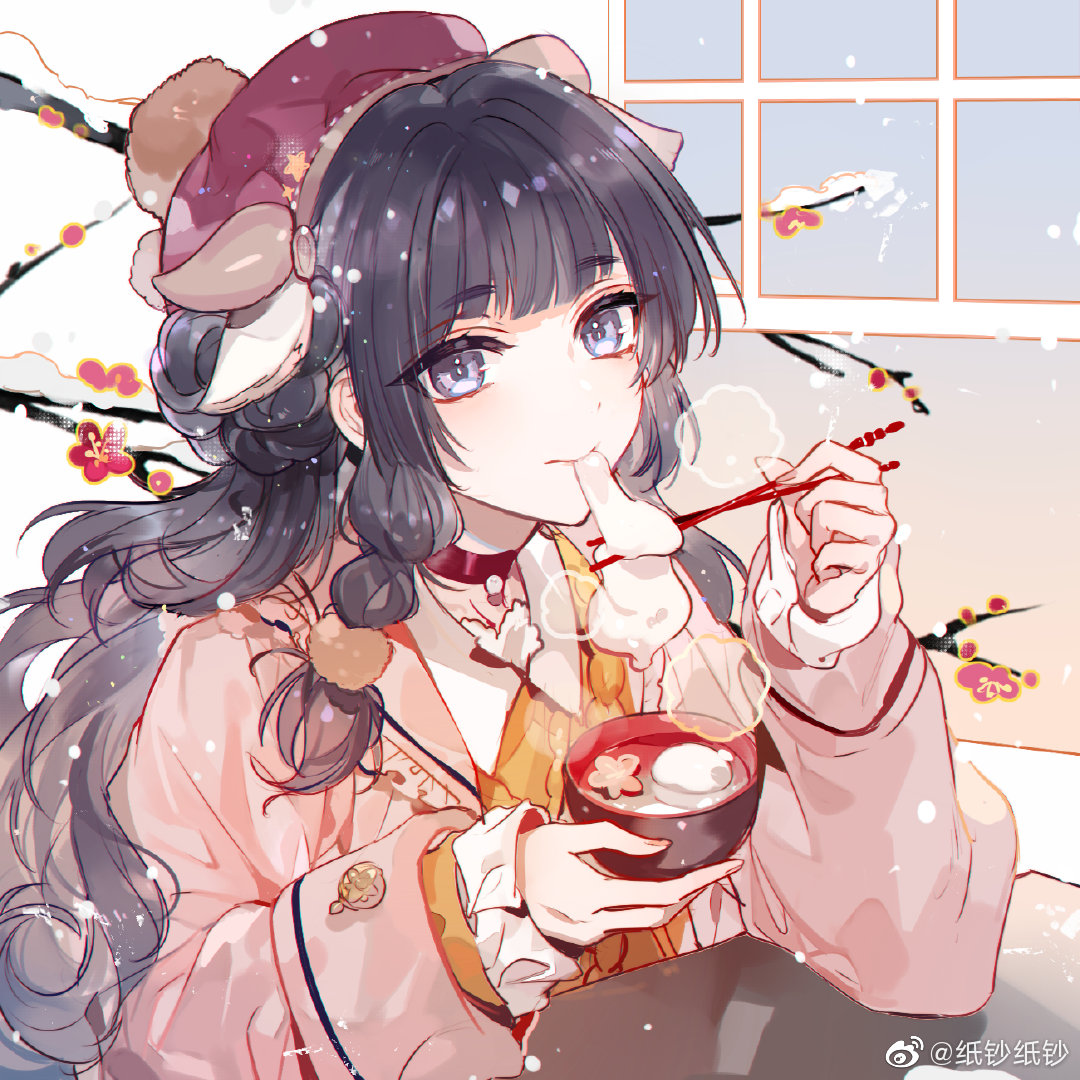 1girl alternate_costume beret black_hair blunt_bangs bowl braid branch buttoned_cuffs chinese_commentary choker chopsticks closed_mouth double_bun eating flower food food_in_mouth frilled_sailor_collar frilled_sleeves frills hair_bun hair_ornament hat heroine_(lovebrush_chronicles) holding holding_bowl holding_chopsticks jacket long_hair long_sleeves lovebrush_chronicles mochi mochi_trail nevakuma_(fanfanas) orange_sweater pink_jacket pink_sailor_collar plum_blossoms pom_pom_(clothes) pom_pom_hair_ornament red_choker red_flower red_headwear sailor_collar shirt side_braid sleeve_cuffs smile snow solo steam sweater table upper_body violet_eyes wavy_hair weibo_logo weibo_username white_shirt window zouni_soup