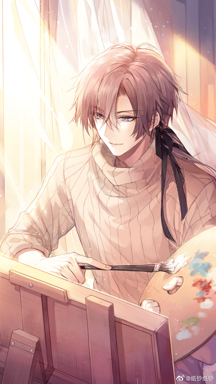 1boy black_ribbon blue_eyes brown_hair canvas_(object) closed_mouth curtained_hair curtains easel hair_between_eyes hair_ribbon highres holding holding_paintbrush holding_palette indoors light_particles long_hair looking_at_object lovebrush_chronicles low_ponytail male_focus nevakuma_(fanfanas) o'connor_(lovebrush_chronicles) official_art paint paintbrush painting_(action) palette_(object) ribbed_sweater ribbon sleeves_rolled_up smile solo sunlight sweater transparent_curtains turtleneck turtleneck_sweater upper_body weibo_logo weibo_username white_sweater window