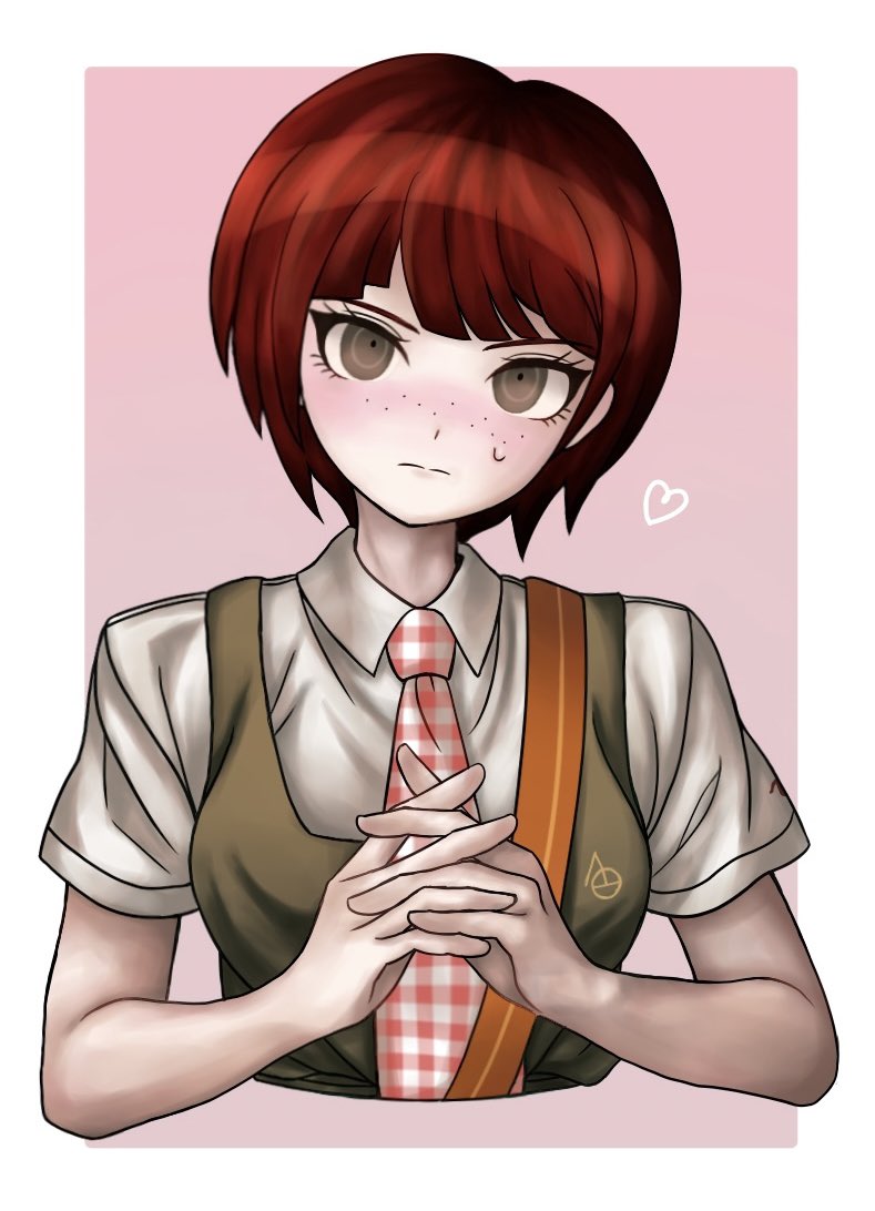 1girl :| blush border breasts brown_dress brown_eyes case_(k1_ase) close-up closed_mouth collared_shirt commentary cropped_torso danganronpa_(series) danganronpa_2:_goodbye_despair dress dress_shirt eyelashes freckles gingham_necktie head_tilt heart interlocked_fingers koizumi_mahiru light_blush looking_at_viewer medium_breasts necktie nose_blush outside_border own_hands_together pinafore_dress pink_background portrait red_necktie redhead ringed_eyes school_uniform shirt short_hair short_sleeves sleeveless sleeveless_dress solo strap sweatdrop two-tone_necktie upper_body w_arms white_border white_necktie white_shirt