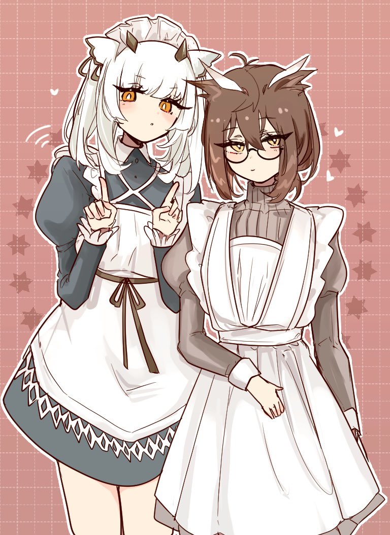 2girls :o alternate_costume apron arknights black_dress blush brown_dress brown_hair commentary dress feather_hair frilled_apron frills glasses grid_background long_sleeves looking_at_viewer maid maid_headdress medium_hair multiple_girls orange_eyes pink_background pointing pointing_up ptilopsis_(arknights) puffy_sleeves short_hair silence_(arknights) star_(symbol) turtleneck_dress ub_orca white_apron yellow_eyes