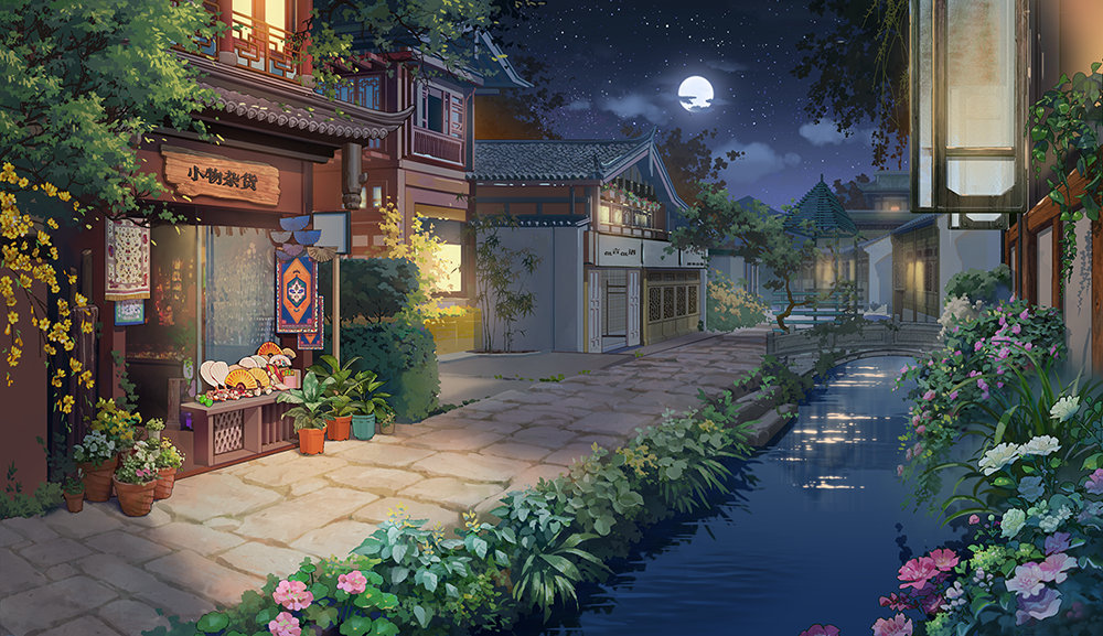 architecture bridge building bush clouds east_asian_architecture flower folding_fan foliage full_moon grass hand_fan hanxiaodan house lovebrush_chronicles moon night no_humans official_art outdoors pavement pink_flower plant potted_plant river riverbank scenery shop sky star_(sky) starry_sky town tree white_flower