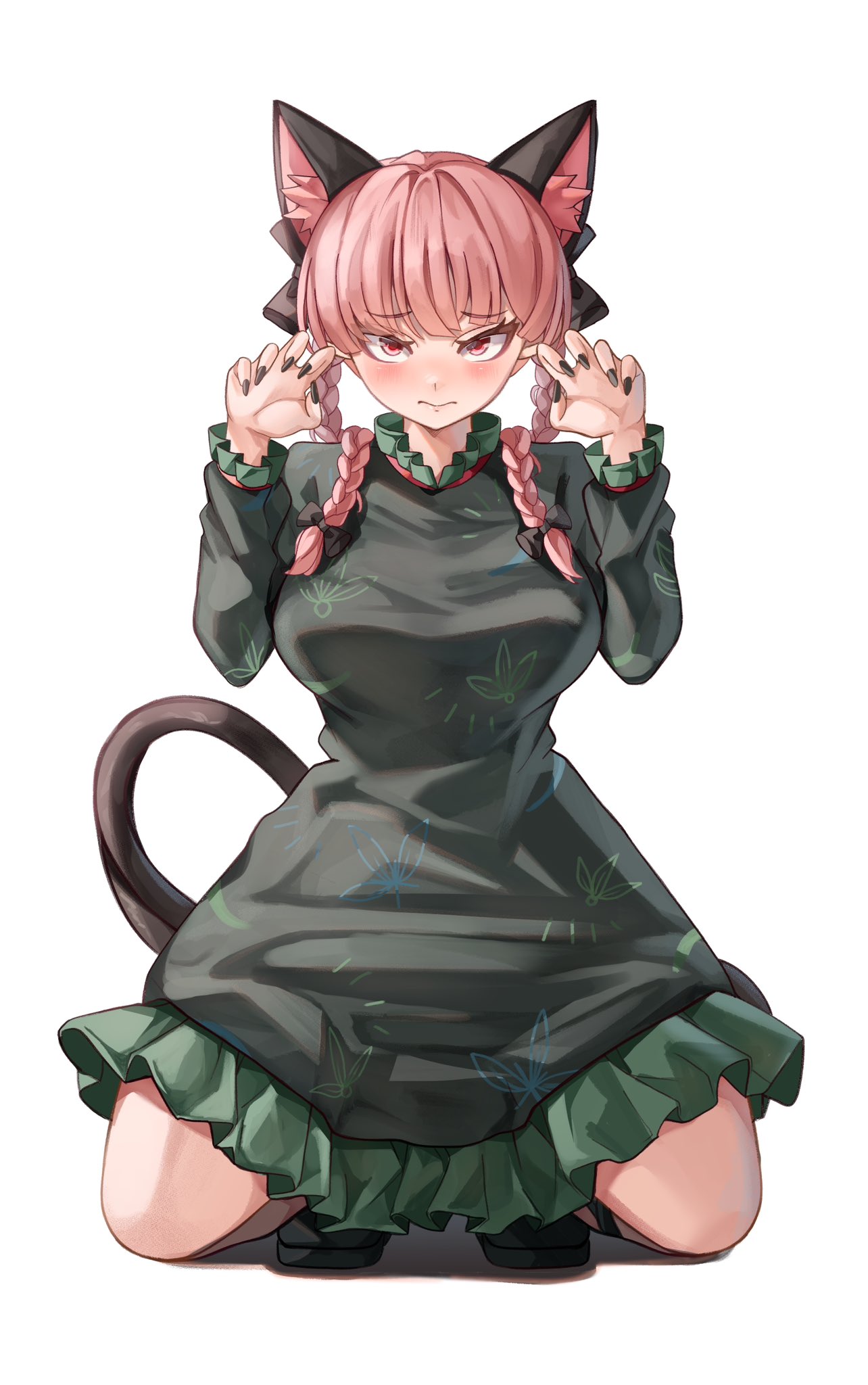 1girl 3: animal_ear_fluff animal_ears black_bow black_footwear black_nails blunt_bangs blush bow braid breasts cat_ears cat_girl cat_tail claw_pose closed_mouth commentary dress eyelashes fingernails frilled_dress frilled_sleeves frills frown full_body gothic_lolita green_dress hair_bow hair_over_shoulder hands_up highres kaenbyou_rin large_breasts lolita_fashion long_fingernails long_sleeves looking_at_viewer maboroshi_mochi nail_polish red_eyes redhead simple_background solo squatting straight-on tail touhou tsurime twin_braids white_background