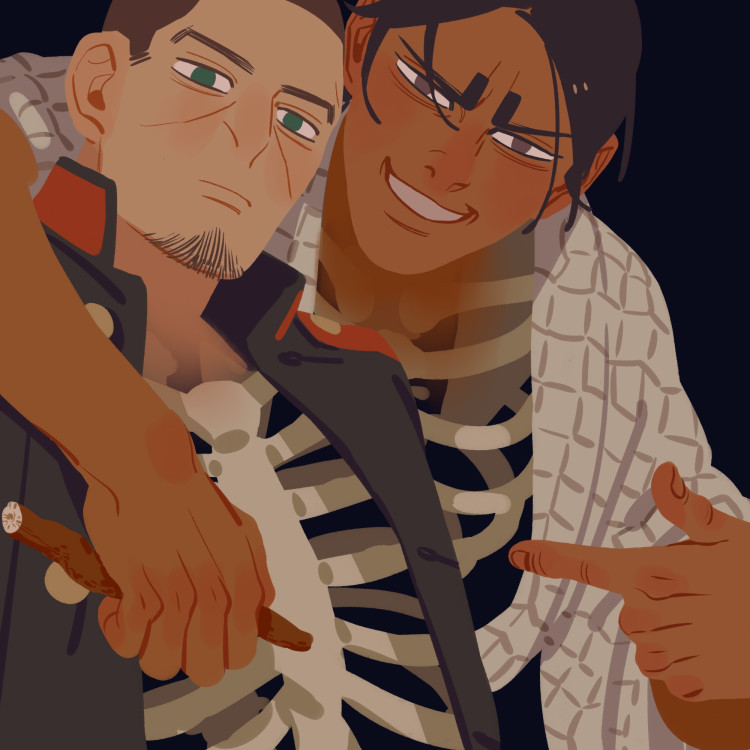 2boys arm_around_shoulder black_background black_jacket brown_eyes brown_hair chengongzi123 closed_mouth collared_jacket dark-skinned_male dark_skin facial_hair goatee_stubble golden_kamuy green_eyes grin jacket koito_otonoshin long_sleeves looking_at_viewer male_focus military_uniform multiple_boys pointing pointing_at_another ribs short_hair simple_background smile stubble tsukishima_hajime uniform upper_body very_short_hair wide_sleeves