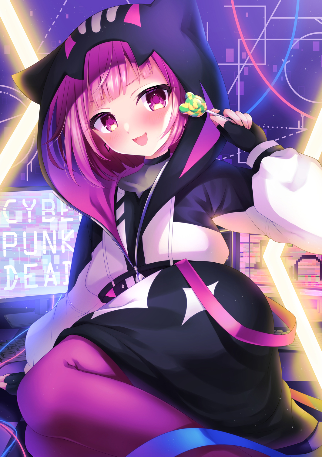 1girl :d animal_hood black_gloves black_skirt blush candy commentary_request english_text feet_out_of_frame fingerless_gloves food gloves hand_up highres holding holding_candy holding_food holding_lollipop hood hood_up hoodie keyboard_(computer) lollipop long_sleeves looking_at_viewer monitor ootori_emu pantyhose pink_hair project_sekai puffy_long_sleeves puffy_sleeves purple_pantyhose skirt smile solo v-shaped_eyebrows violet_eyes white_hoodie yomogi_(becr)