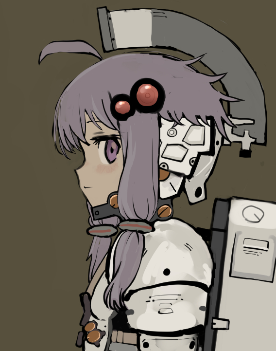 1girl ahoge backpack bag brown_background closed_mouth commentary_request cosplay exoskeleton from_side hair_ornament kojima_productions looking_at_viewer looking_to_the_side ludens ludens_(cosplay) profile purple_hair short_hair_with_long_locks sidelocks simple_background solo sqq upper_body violet_eyes vocaloid voiceroid yuzuki_yukari