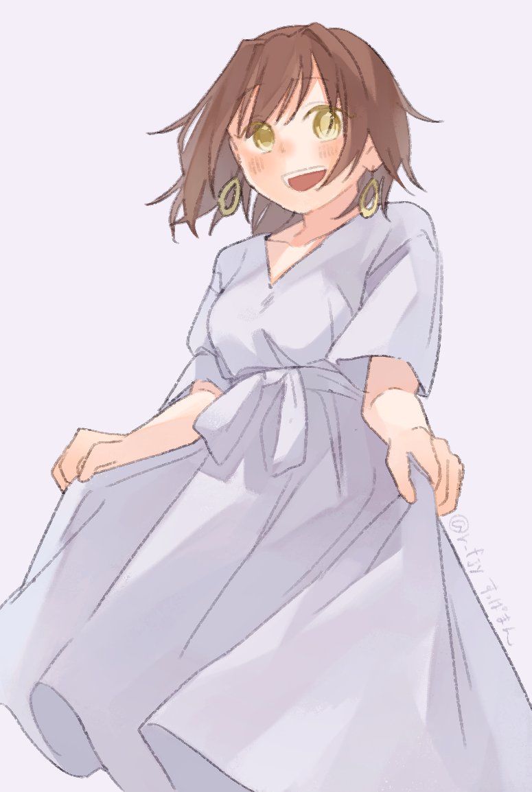 1girl brown_hair dress earrings feet_out_of_frame furutaka_(kancolle) hoop_earrings jewelry kantai_collection one-hour_drawing_challenge open_mouth short_hair simple_background skirt_hold smile solo suppaman_(rfjy) white_background white_dress yellow_eyes