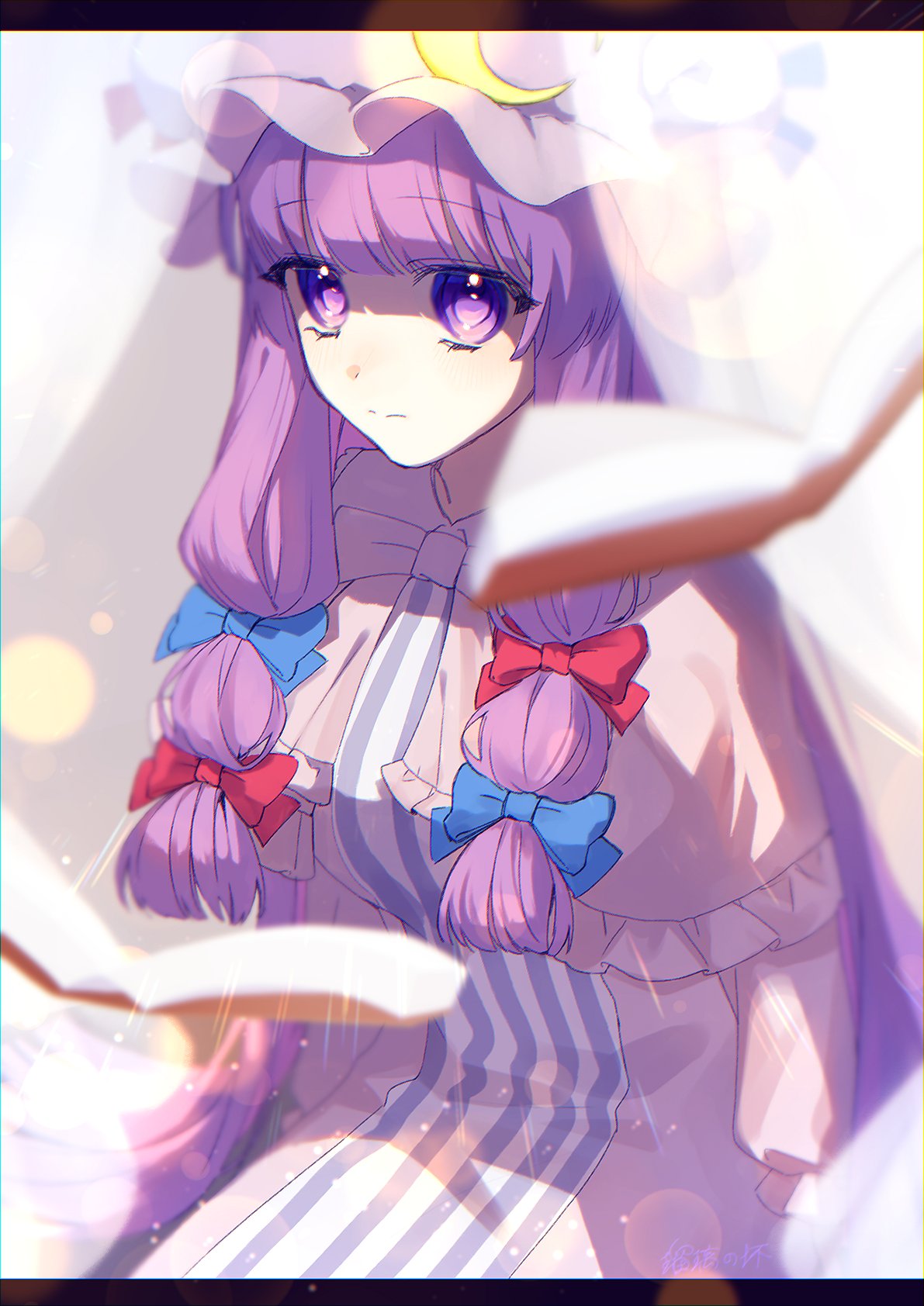 1girl blue_bow blue_ribbon blunt_bangs book bow bun_cover capelet crescent crescent_hat_ornament double_bun dress expressionless frilled_capelet frilled_sleeves frills hair_bun hat hat_ornament hat_ribbon highres long_hair long_sleeves looking_at_viewer luri_no_tuki mob_cap open_book patchouli_knowledge pink_capelet pink_robe puffy_sleeves purple_hair purple_stripes red_bow red_ribbon ribbon robe sidelocks sitting solo striped_clothes striped_dress touhou upper_body vertical-striped_clothes vertical-striped_dress violet_eyes white_dress