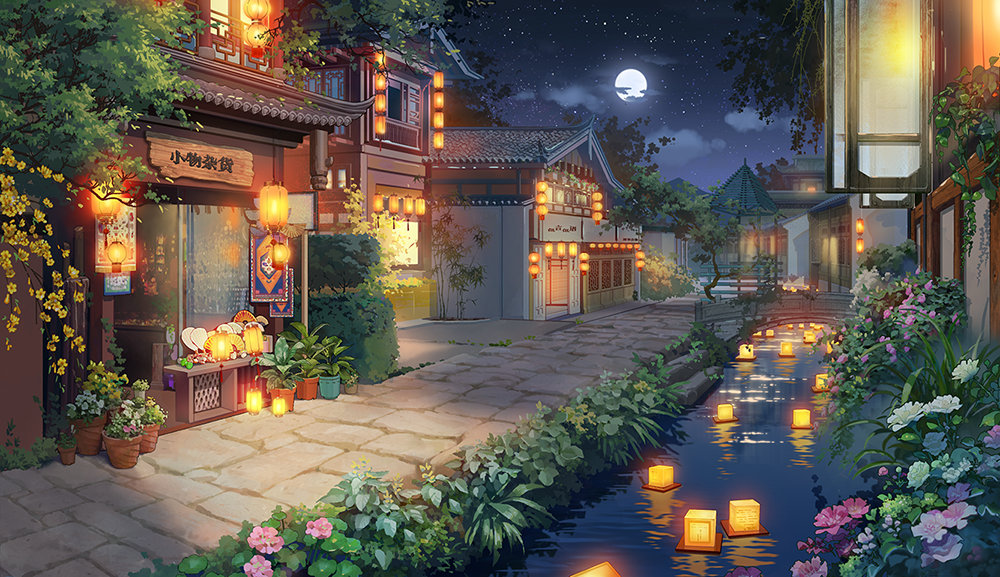 architecture bridge building bush clouds east_asian_architecture flower folding_fan foliage full_moon grass hand_fan hanxiaodan house lantern lantern_on_liquid lovebrush_chronicles moon night no_humans official_art outdoors paper_lantern pavement pink_flower plant potted_plant river riverbank scenery shop sky star_(sky) starry_sky town tree weibo_logo weibo_username white_flower