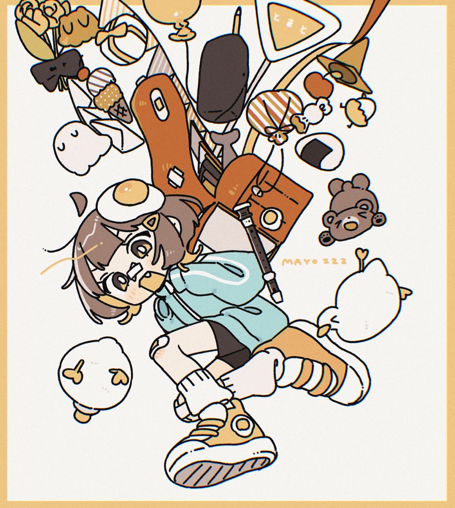 1girl ahoge apple aqua_jacket artist_name backpack bag balloon bandaid bandaid_on_face bandaid_on_knee bandaid_on_leg bandaid_on_nose bird black_shorts border bouquet brown_eyes brown_hair candy crossed_bandaids detached_ahoge duck egg egg_hair_ornament envelope fang floating floating_object flower flute food food-themed_hair_ornament fried_egg fruit full_body ghost hair_ornament hairclip ice_cream ice_cream_cone instrument jacket long_sleeves loose_socks mayoi_zzz onigiri open_bag open_mouth orange_footwear original outside_border pencil recorder red_bag road_sign shoes short_hair shorts sign sneakers socks solo stuffed_animal stuffed_toy teddy_bear track_jacket white_background white_socks yellow_border