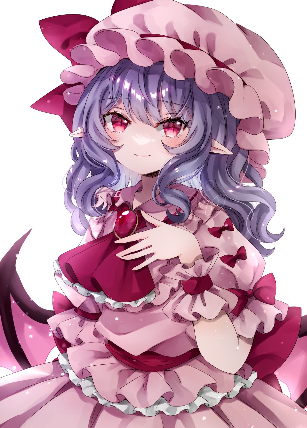 1girl alternate_hairstyle arm_at_side ascot back_bow bat_wings blue_hair blush bow closed_mouth commentary cowboy_shot dress eyelashes frilled_ascot frilled_shirt_collar frills gem hair_between_eyes hand_up hat hat_bow highres jaku_sono light_particles looking_at_viewer medium_hair mob_cap pink_headwear pink_shirt pink_skirt pointy_ears polka_dot polka_dot_dress puffy_short_sleeves puffy_sleeves red_ascot red_bow red_eyes red_gemstone remilia_scarlet shirt short_sleeves signature simple_background skirt sleeve_bow slit_pupils smile solo split_mouth touhou tsurime vampire white_background wings