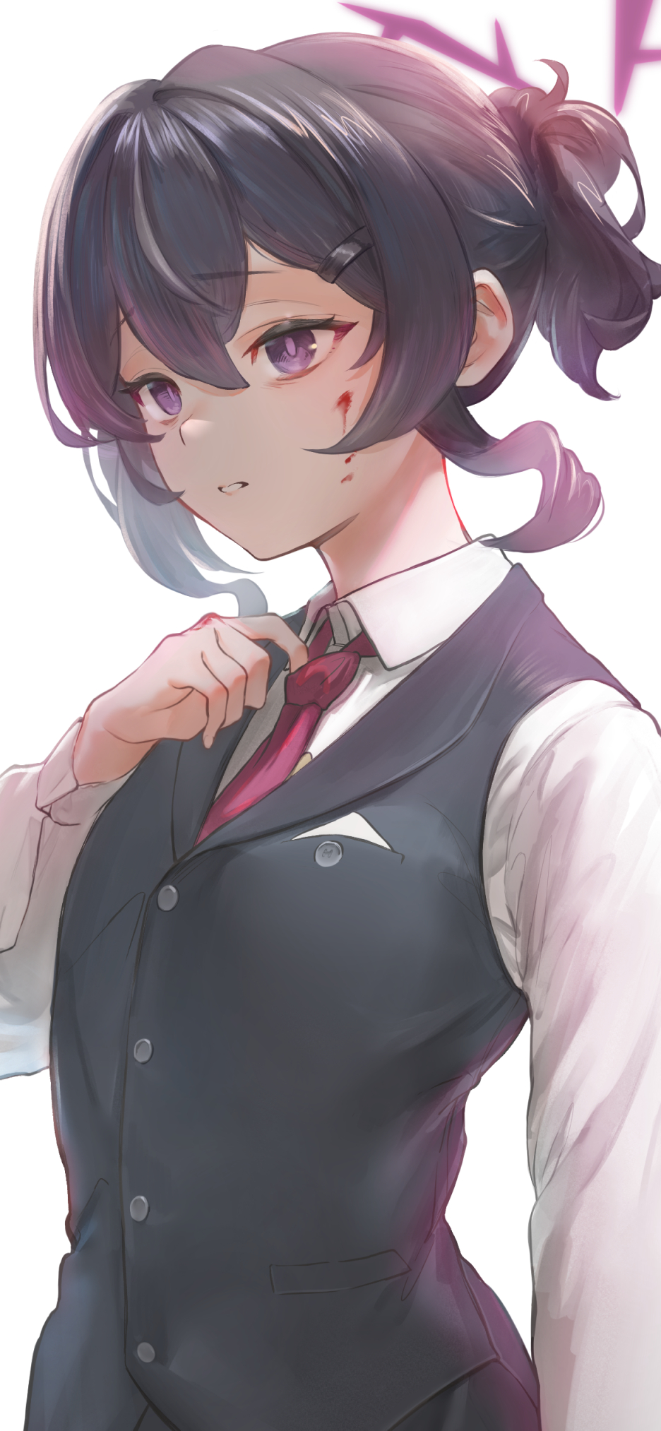 1girl adjusting_clothes adjusting_necktie black_hair black_vest blood blood_on_arm blood_on_face blue_archive bright_pupils collared_shirt double-parted_bangs eyelashes frown hair_between_eyes hair_ornament hairclip halo hand_up haruka_(blue_archive) haruka_(suit)_(blue_archive) highres long_sleeves looking_afar marulire medium_hair necktie official_alternate_costume parted_lips red_necktie shirt short_ponytail sidelocks solo tsurime upper_body vest violet_eyes white_shirt
