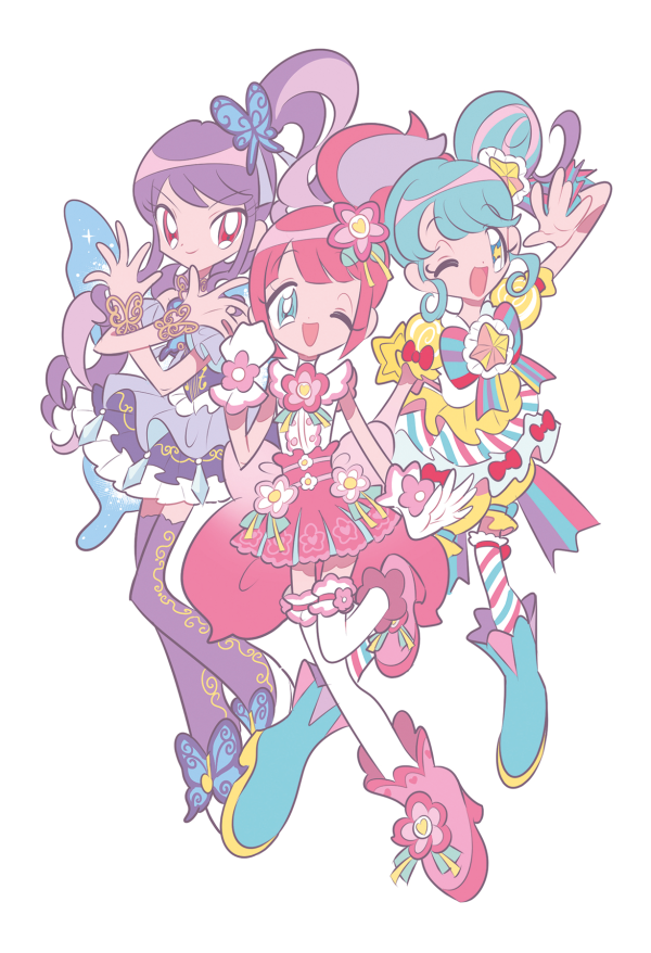 3girls blue_eyes blue_footwear blue_hair blue_wings boots butterfly_hair_ornament butterfly_wings closed_mouth crossed_arms dress flower full_body gloves green_eyes hair_bun hair_flower hair_ornament hand_up hands_up idol_clothes insect_wings junon_(pripara) kanon_(pripara) long_hair looking_at_viewer mikannu multicolored_hair multiple_girls one_eye_closed open_mouth pink_flower pink_footwear pink_hair pink_skirt pinon_(pripara) pretty_series pripara purple_dress purple_hair purple_thighhighs red_eyes shirt side_ponytail sidelocks simple_background single_side_bun skirt smile standing standing_on_one_leg star_(symbol) star_hair_ornament streaked_hair thigh-highs white_background white_gloves white_shirt white_thighhighs wings