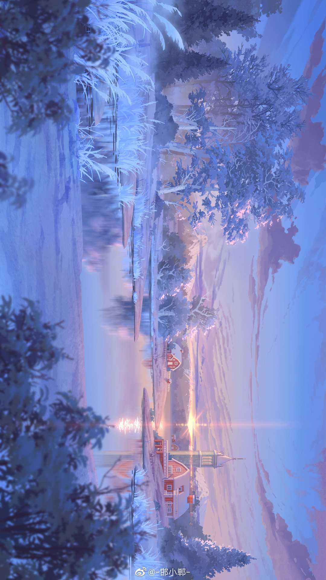clouds foliage grass hanxiaodan highres house lovebrush_chronicles mountainous_horizon no_humans official_art outdoors reeds reflection reflective_water river riverbank scenery sideways sunrise tower tree weibo_logo weibo_username