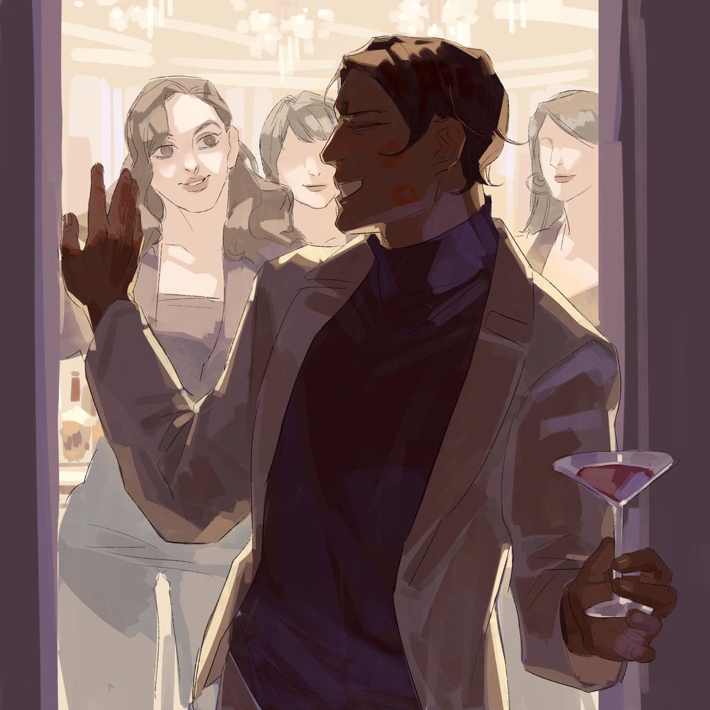 1boy 3girls brown_eyes brown_hair chengongzi123 closed_eyes cup dark-skinned_male dark_skin drinking_glass english_text golden_kamuy grin hands_up holding holding_cup indoors koito_otonoshin lipstick_mark lipstick_mark_on_face long_sleeves multiple_girls party short_hair smile standing upper_body very_short_hair waving wine_glass