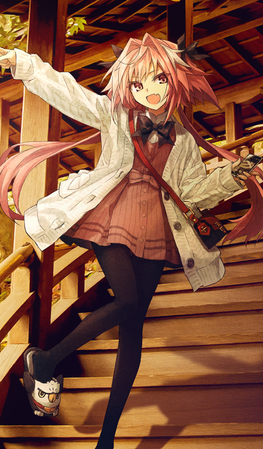 1boy astolfo_(fate) astolfo_(saber)_(fate) astolfo_(tour_outfit)_(fate) bag black_bow black_pantyhose bow cardigan cellphone dress fang fate/apocrypha fate/grand_order fate_(series) hair_bow hair_intakes handbag holding holding_phone konoe_ototsugu long_hair looking_at_viewer male_focus multicolored_hair official_alternate_costume open_mouth otoko_no_ko pantyhose phone pink_dress pink_hair skin_fang slippers smartphone smile solo stairs streaked_hair twintails very_long_hair violet_eyes white_cardigan white_hair