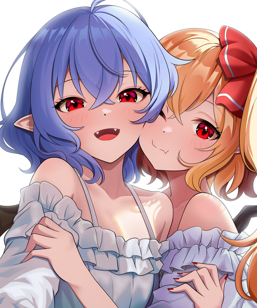 2girls :d ahoge alternate_costume blonde_hair blue_hair blush bow breasts closed_mouth collarbone commentary_request crossed_bangs eyelashes fang fangs flandre_scarlet frilled_shirt frills hair_between_eyes hair_bow hand_on_another's_arm happy highres hug kisaragi_koushi looking_at_viewer medium_hair multiple_girls no_headwear off-shoulder_shirt off_shoulder one_eye_closed open_mouth pointy_ears red_bow red_eyes red_nails remilia_scarlet shirt siblings sidelighting simple_background sisters skin_fang small_breasts smile split_mouth touhou tsurime upper_body white_background white_shirt