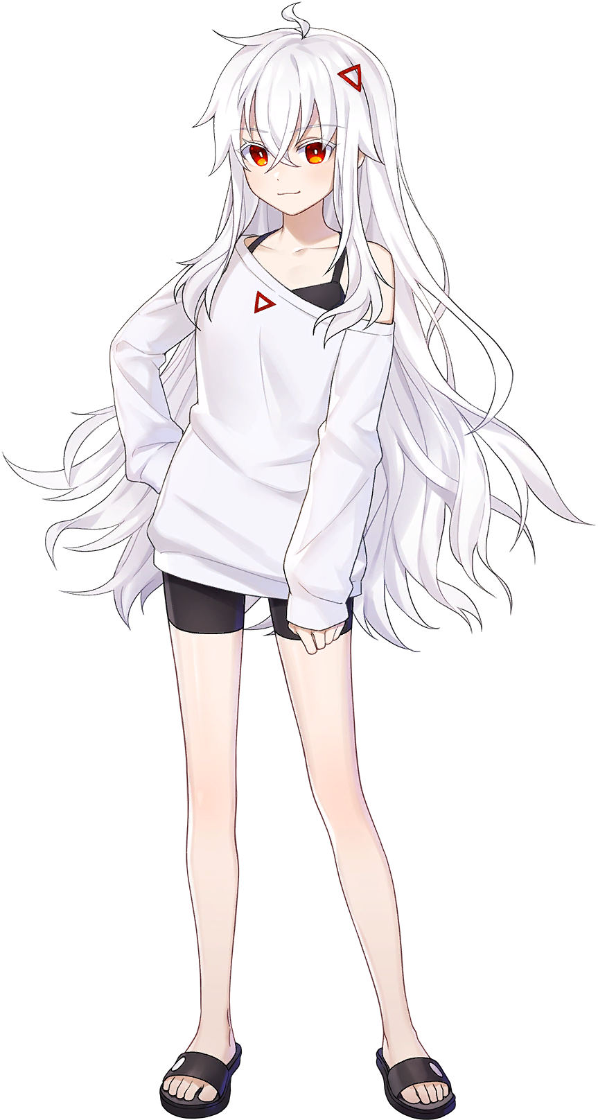 1girl artist_request bare_legs black_shorts bra chiyo_(chrono_ark) chrono_ark flip-flops hair_ornament hand_on_own_hip highres long_hair long_sleeves looking_at_viewer no_socks non-web_source official_art red_eyes sandals shirt shorts single_bare_shoulder smirk t-shirt transparent_background underwear white_hair