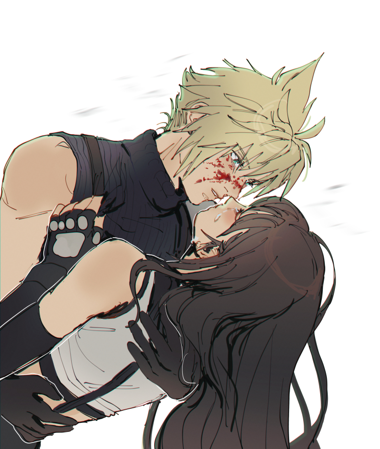 1boy 1girl blonde_hair blood blood_on_face blue_eyes brown_hair clothes_grab cloud_strife couple crop_top crying eye_contact final_fantasy final_fantasy_vii final_fantasy_vii_remake hetero hug long_hair looking_at_another pudelmudel shirt sleeveless sleeveless_turtleneck spiky_hair tank_top tifa_lockhart turtleneck white_shirt