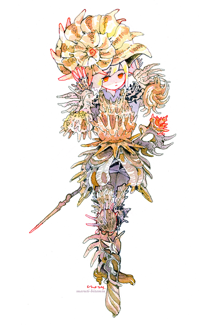 1other armor artist_name commentary english_commentary full_body looking_at_viewer maruti_bitamin original red_eyes seashell shell short_hair signature simple_background standing sword weapon white_background white_hair