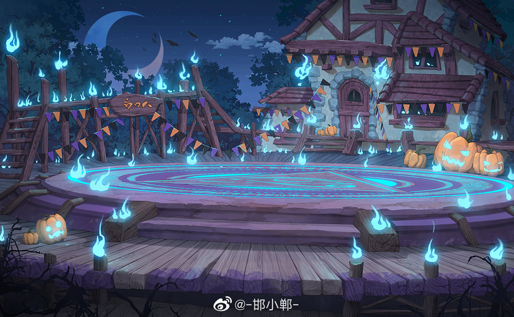 blue_fire candle clouds crescent_moon fire halloween hanxiaodan house jack-o'-lantern lovebrush_chronicles magic_circle moon night no_humans official_art outdoors pedestal pumpkin scenery sky stairs star_(sky) starry_sky string_of_flags tree weibo_logo weibo_username wooden_floor