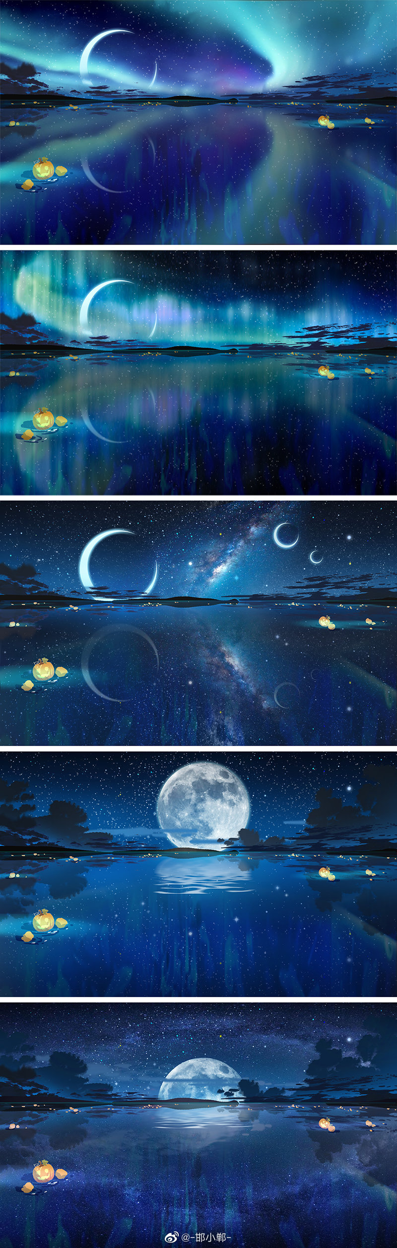 absurdres aurora clouds crescent_moon full_moon hanxiaodan highres jack-o'-lantern lovebrush_chronicles milky_way moon moon_reflection mountainous_horizon multiple_moons night no_humans official_art outdoors reflection reflective_water scenery sky split_screen star_(sky) starry_sky variations water weibo_logo weibo_username