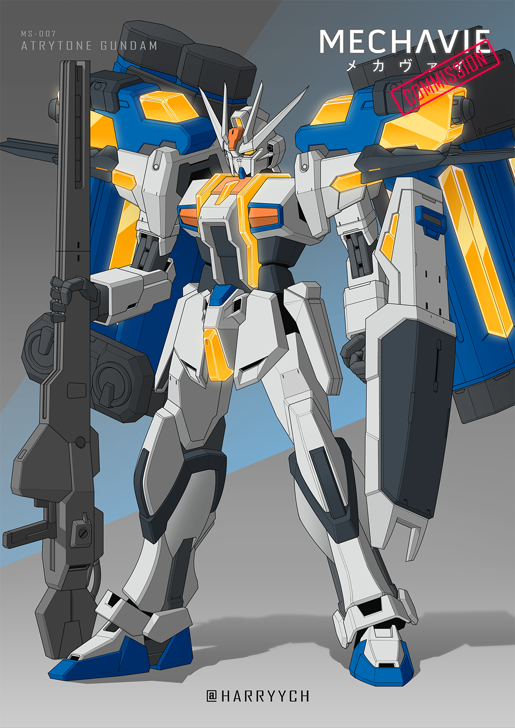 artist_name character_name commission english_commentary full_body gun gundam gundam_seed harryych highres holding holding_gun holding_shield holding_weapon looking_ahead mecha mixed-language_commentary mobile_suit orange_eyes original robot science_fiction shadow shield standing v-fin weapon