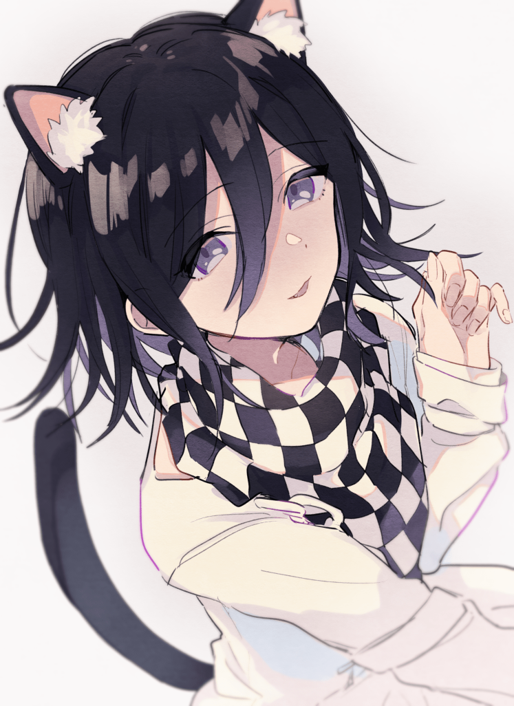 1boy animal_ear_fluff animal_ears black_hair cat_boy cat_ears cat_tail checkered_clothes checkered_scarf danganronpa_(series) danganronpa_v3:_killing_harmony flipped_hair gradient_background gradient_hair grey_background hair_between_eyes hand_up looking_at_viewer male_focus multicolored_hair negoto_o oma_kokichi open_mouth purple_hair scarf short_hair solo straitjacket tail upper_body violet_eyes white_background