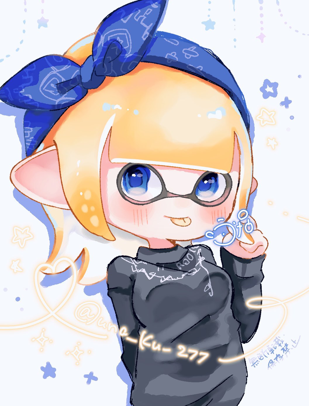 1girl :p arm_behind_back black_sweater blonde_hair blue_bow blue_eyes blue_hairband blush bow bow_hairband breasts closed_mouth commentary_request hair_bow hairband highres inkling inkling_girl inkling_player_character medium_hair pointy_ears solo splatoon_(series) standing sweater tentacle_hair tongue tongue_out translation_request una_ku_277 white_background