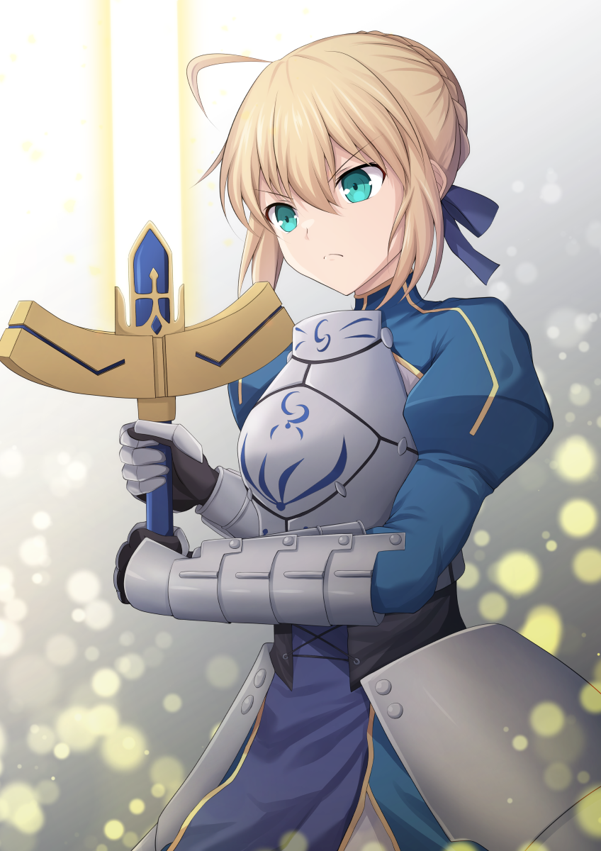 1girl ahoge armor armored_dress artoria_pendragon_(fate) blonde_hair braid cross_(crossryou) dress fate/stay_night fate_(series) green_eyes hair_ribbon highres long_sleeves looking_at_viewer ribbon saber_(fate) short_hair solo sword weapon