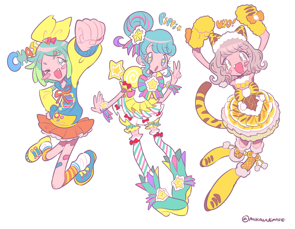 3girls :d :o animal_ear_hairband animal_ears animal_hands animal_print arm_up arms_up asymmetrical_footwear bandaid bandaid_on_leg blue_eyes blue_footwear blue_hair blue_hoodie blush boots bow brown_eyes brown_hair cat_ear_hairband cat_ears cat_tail clenched_hand dress fake_animal_ears fang frilled_dress frills full_body gloves green_eyes green_hair hair_bow hair_bun hair_ornament hairband hand_on_own_hip hand_up hood hoodie idol_time_pripara jumping long_sleeves looking_at_viewer mikannu mismatched_footwear mole mole_under_mouth multicolored_hair multiple_girls nijiiro_nino one_eye_closed open_mouth orange_ribbon orange_skirt outstretched_arm paw_gloves pink_hair pinon_(pripara) pretty_series pripara ribbon short_hair sidelocks simple_background single_side_bun skirt smile standing star_(symbol) star_hair_ornament streaked_hair striped_clothes striped_thighhighs swept_bangs tail taiyo_pepper thigh-highs w white_background yellow_bow yellow_dress yellow_footwear